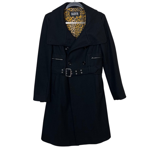 MARVIN Black Wool Blend Double Breasted Women's Moto Trench Coat Size Medium - Picture 1 of 6